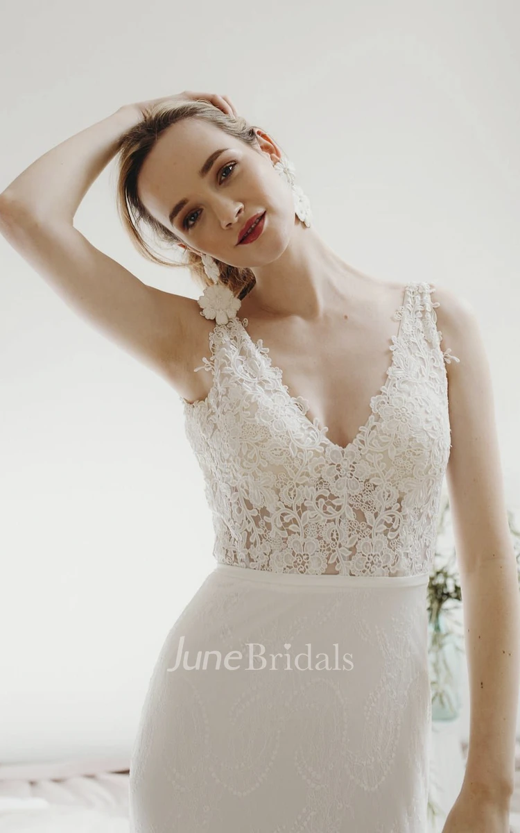 Lace Sleeveless Elegant Sheath Plunging V-neck Bridal Gown With Deep V-back And Buttons