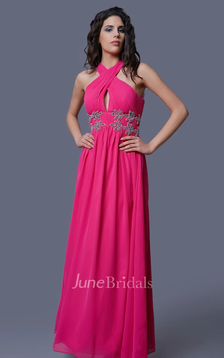 Sleeveless Chiffon A-Line Dress With Beaded Appliques and Illusion Back