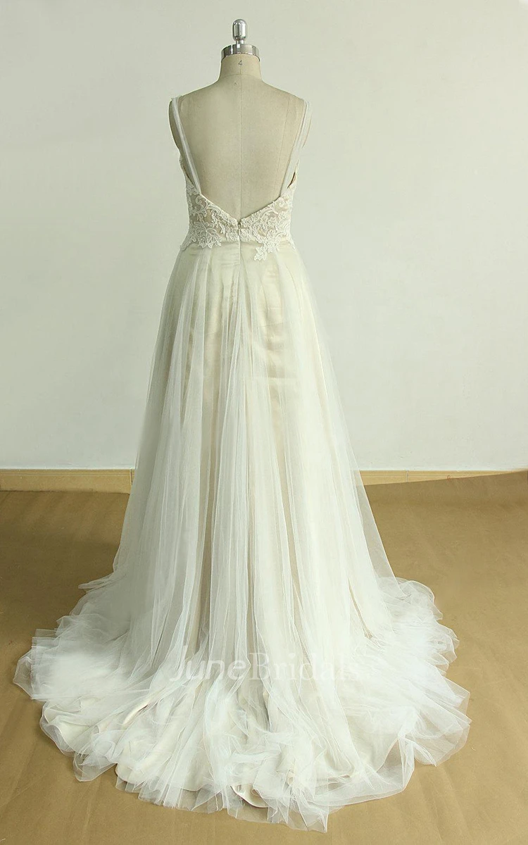 Tulle Lace Satin Weddig Dress With Illusion