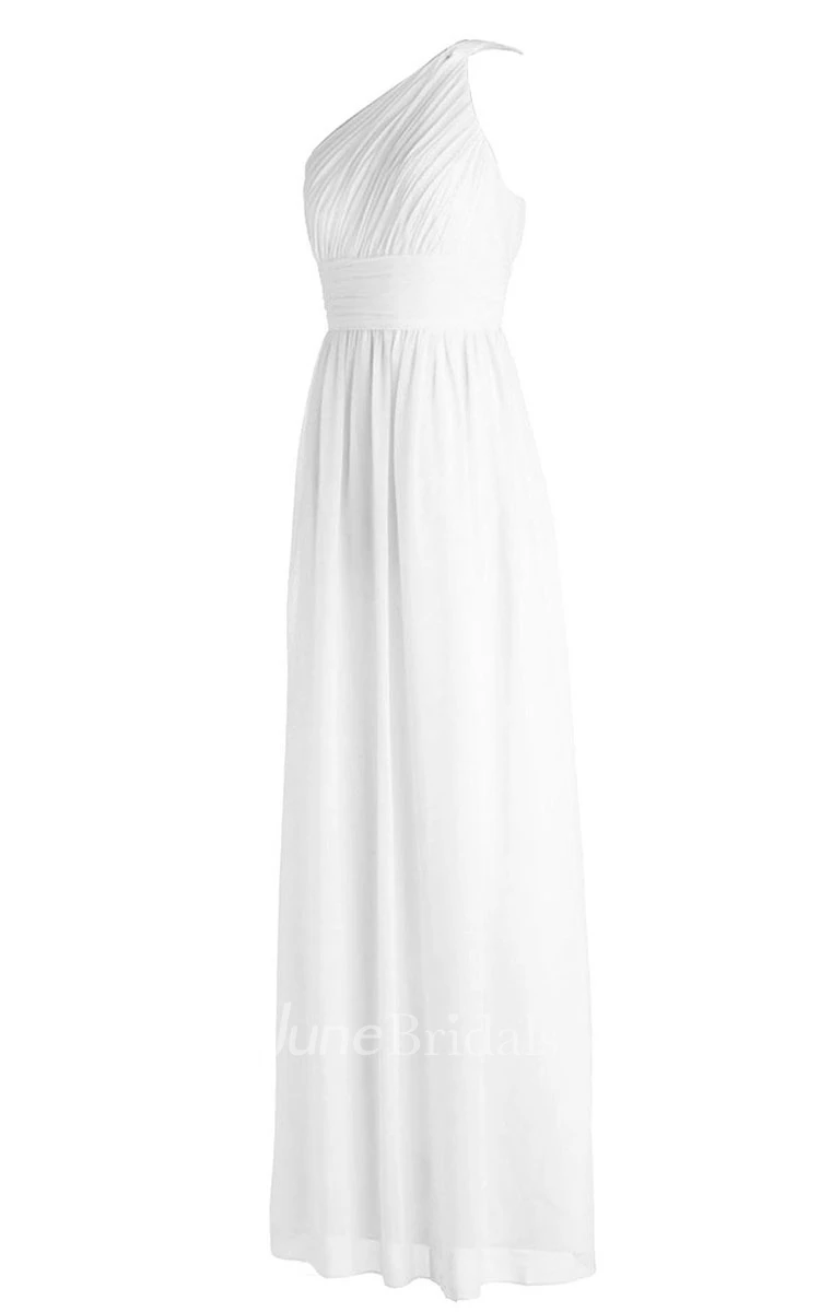 One-shoulder Pleated Chiffon Sheath Gown With Ruched Band