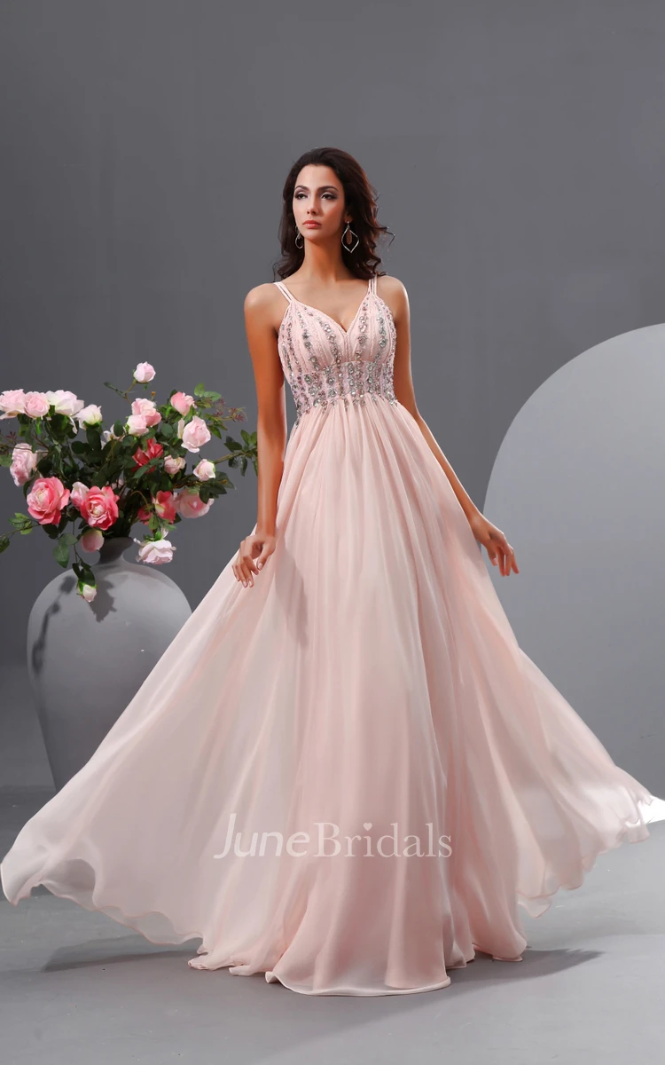 Sweet Empire V-Neck Gown With Spaghetti Straps Shiny Bodice
