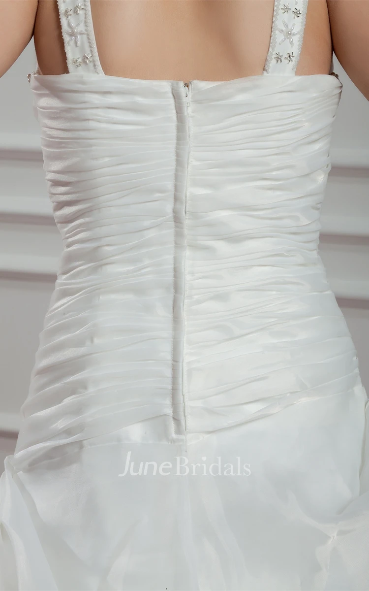 Strapped Pick-Up A-Line Gown with Beading and Ruched Bodice