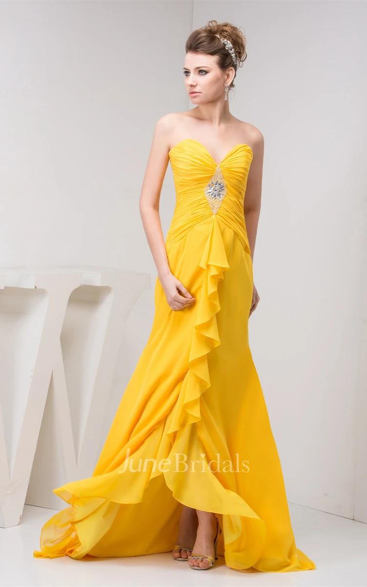 Sweetheart Criss-Cross High-Low Chiffon Dress with Broach and Draping