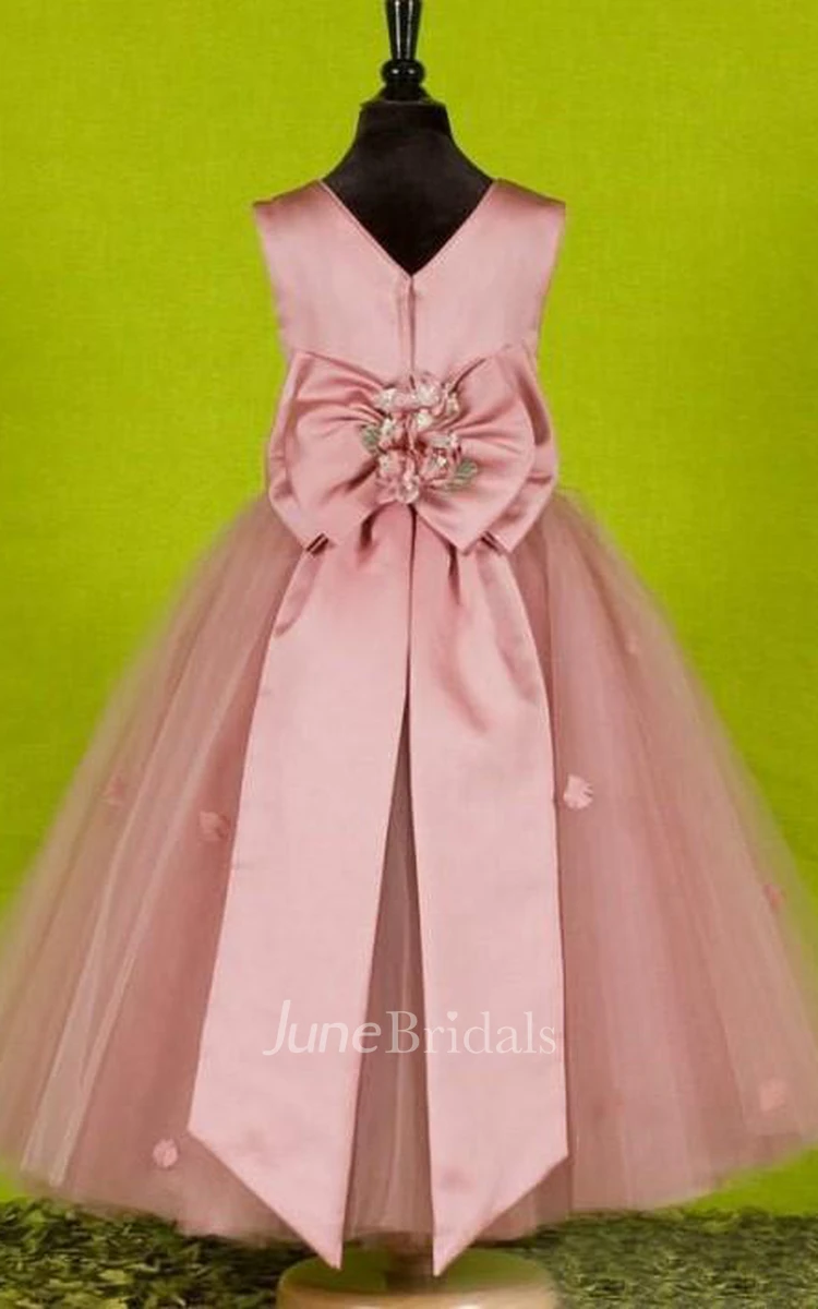 A-line Princess Scoop Sleeveless Bowknot Floor-length Tulle Flower Girl Dresses