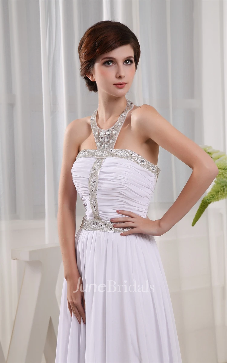 Sleeveless High-Neck Ruched Dress with Pleats and Crystal Detailings