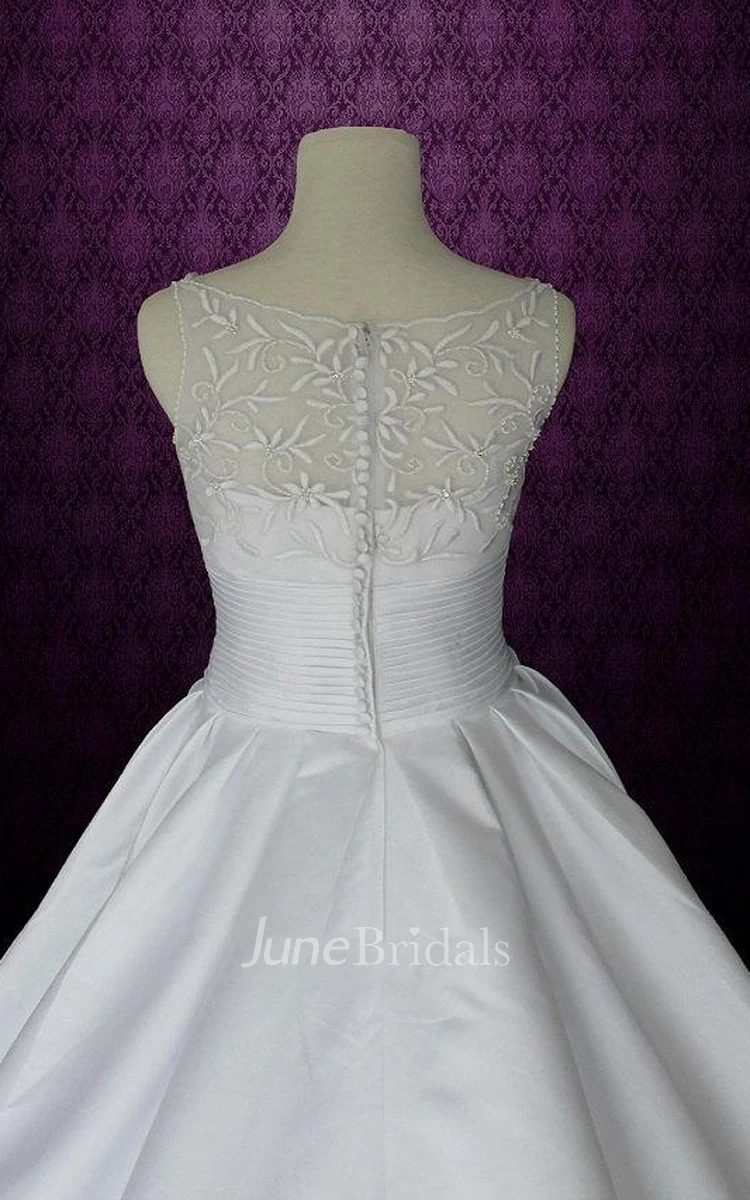 Jewel Sleeveless Button Back Satin Wedding Dress With Ruching And Appliques