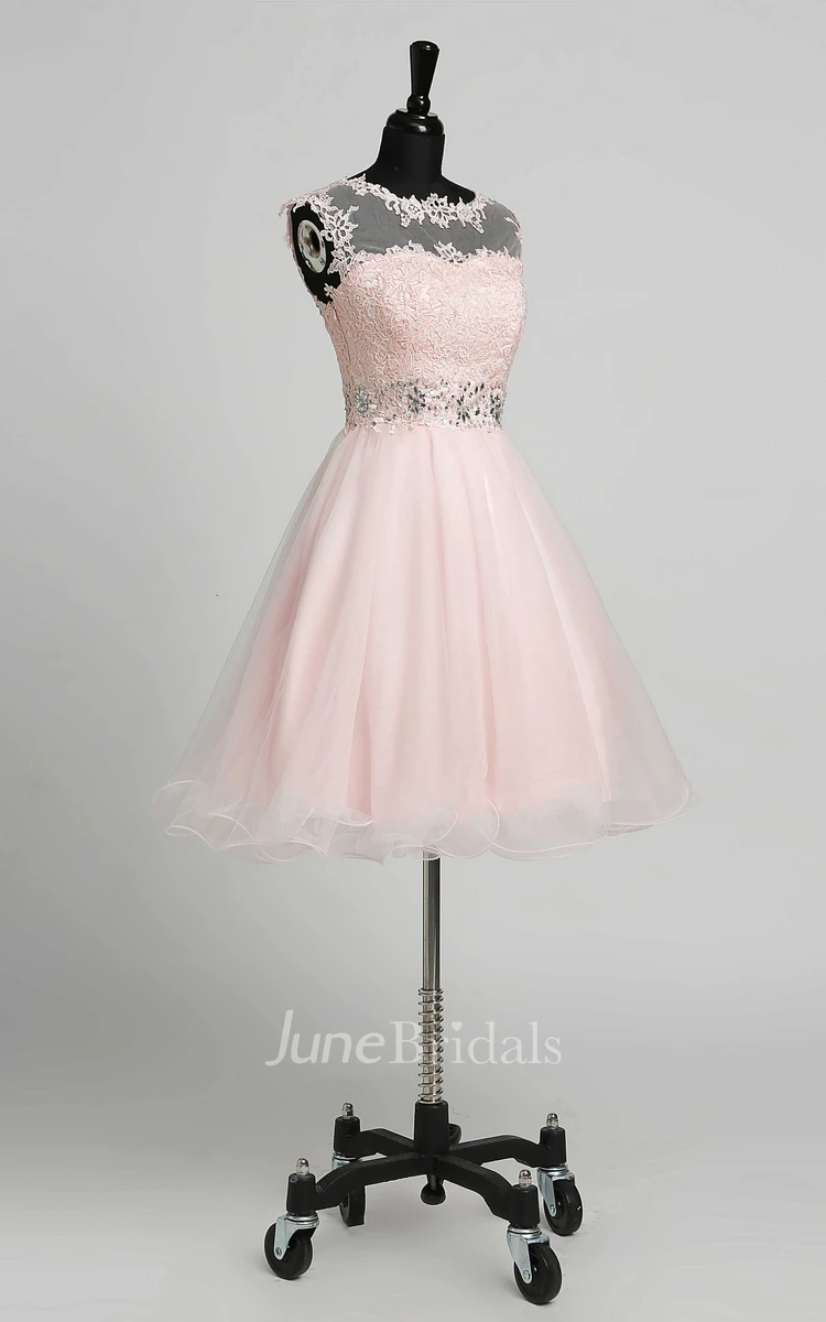 A-Line Scoop Lace Adorable Short Mini Sleeveless Illusion Dress with Appliques Lace Sequins