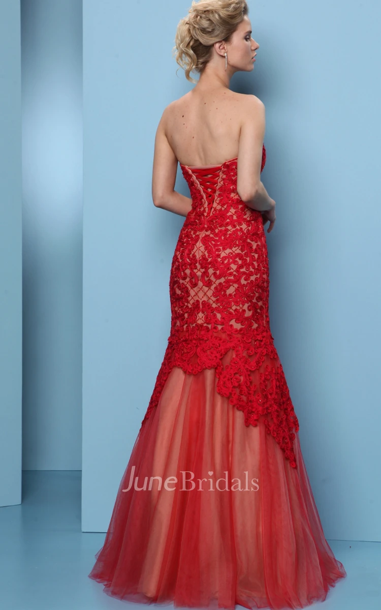 Mermaid Floor-Length Appliqued Sweetheart Sleeveless Tulle Prom Dress