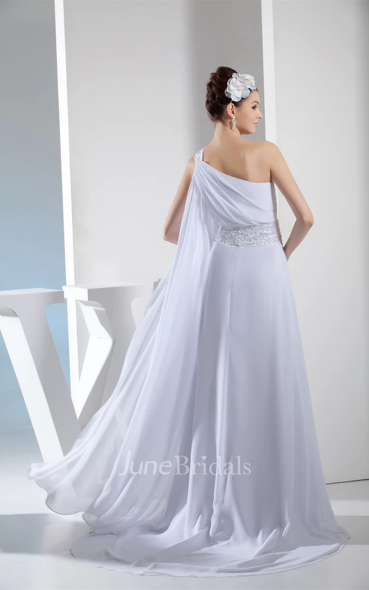 Side Draping One-Shoulder A-Line Dress with Beadings and Brush Train