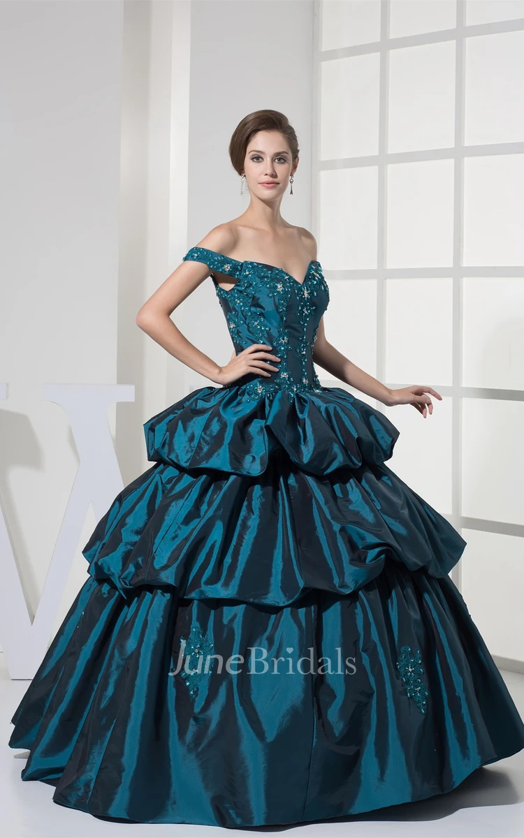 Strapped Pick-Up Ball Gown with Appliques and Corset Back