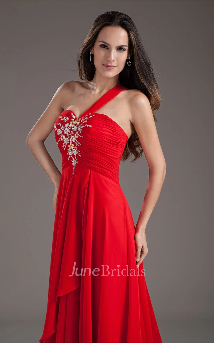 single-strap maxi chiffon dress with appliques and draping