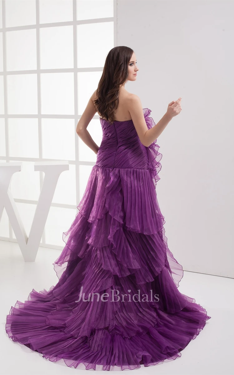 Floral Ruched A-Line Gown with Tiers and Brush Train