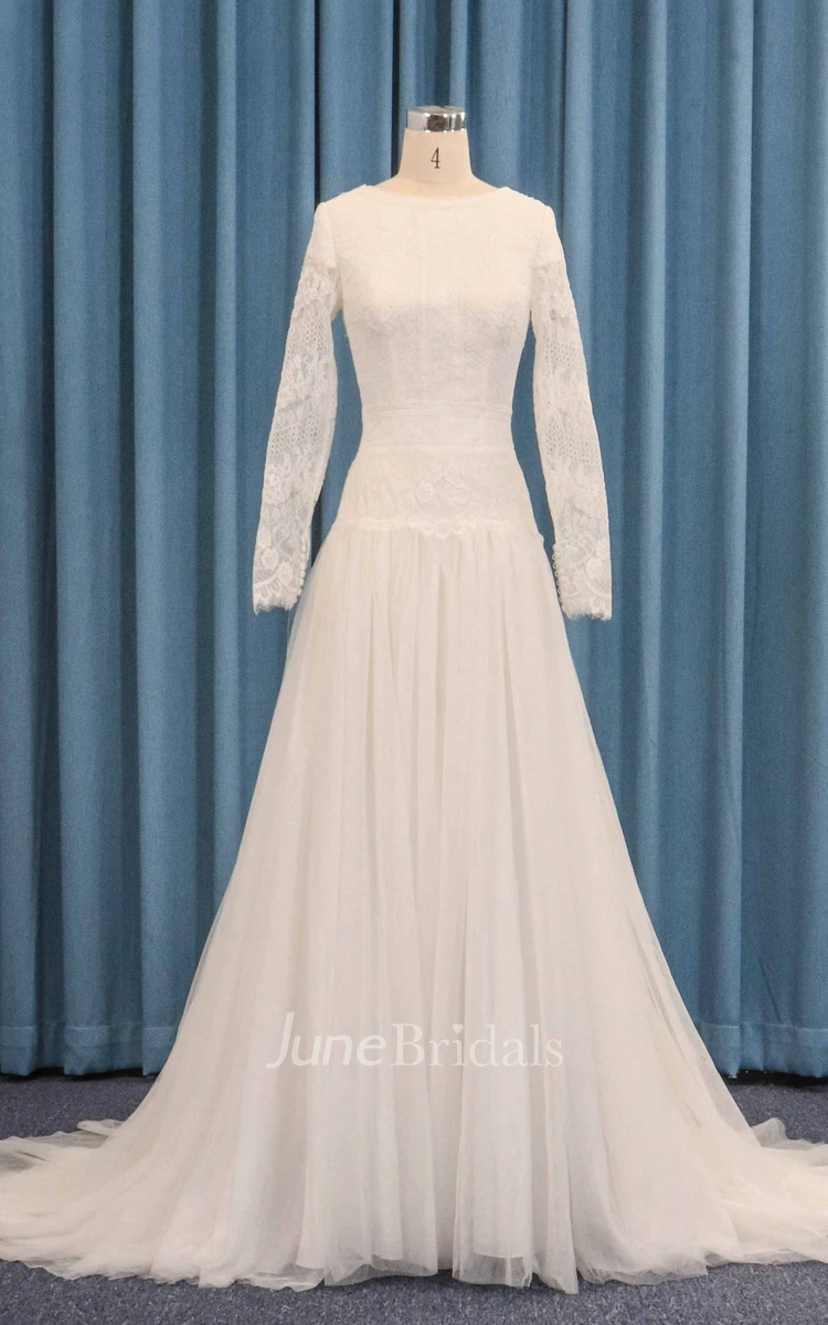 Tulle Lace Overlay Dropped Waist Long Sleeve Wedding Dress A-line With Pleats
