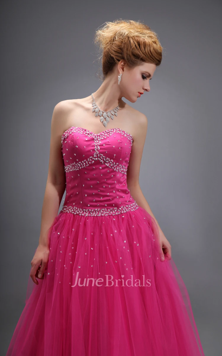 Glam Tulle Long Dress With Crystal Detailings And Lace-Up Back