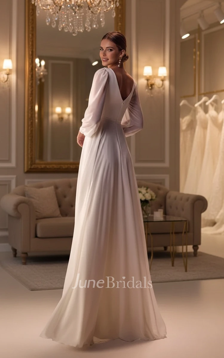 Simple Long Sleeve A-Line Chiffon Wedding Dress Maxi V-Neck Civil Bridal Gown with Slit