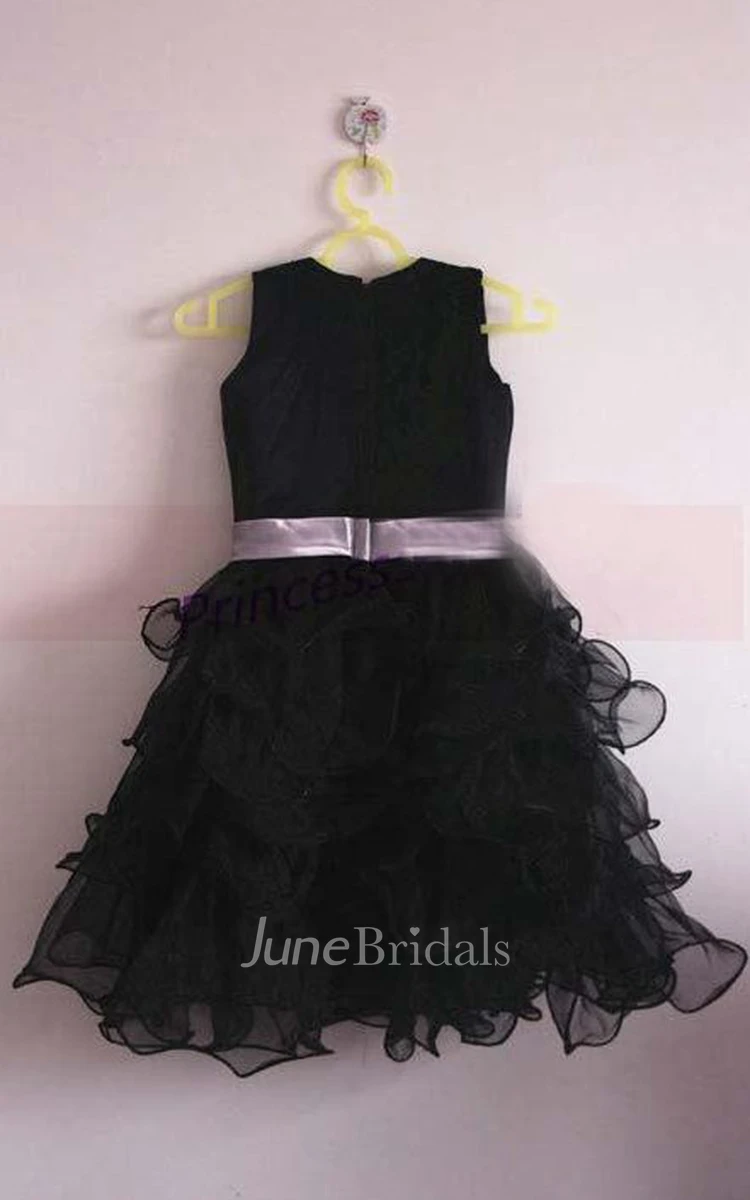 Satin Bodice Ruffled Organza Dress With Bow and Flower