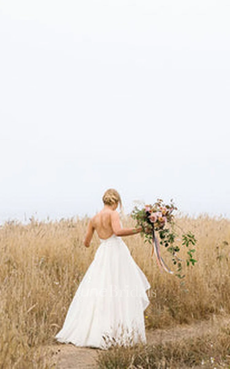 Chiffon V-neck A-Line Beach Wedding Dress With Open Back And Sweep Train