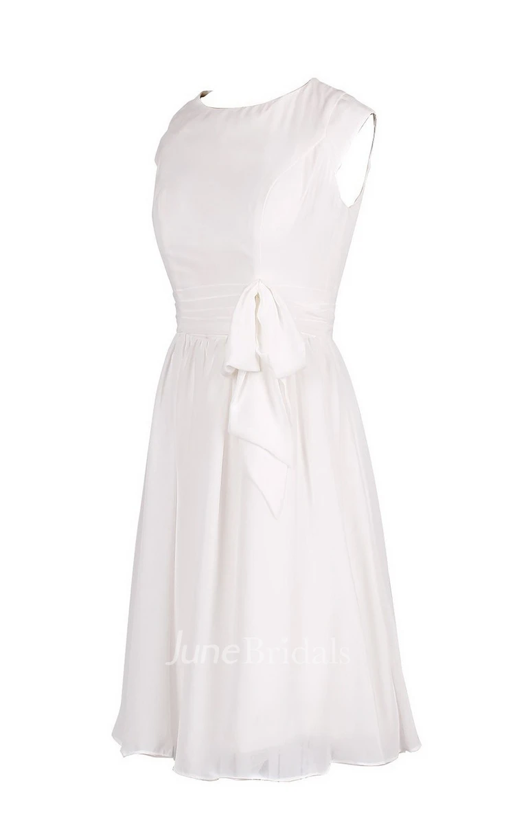 Short Sleeve Knee-length Chiffon Dress With Bowknot