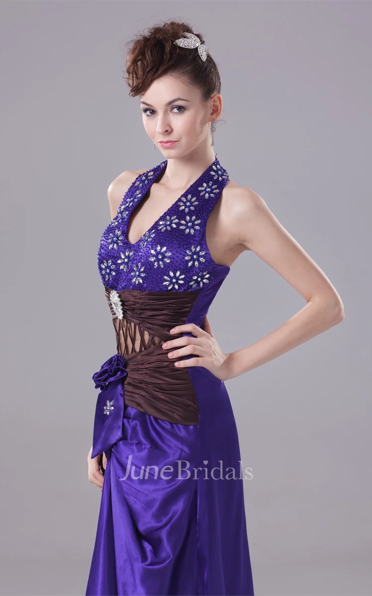 Sleeveless High-Low Ruched Dress with Flower and Rhinestone