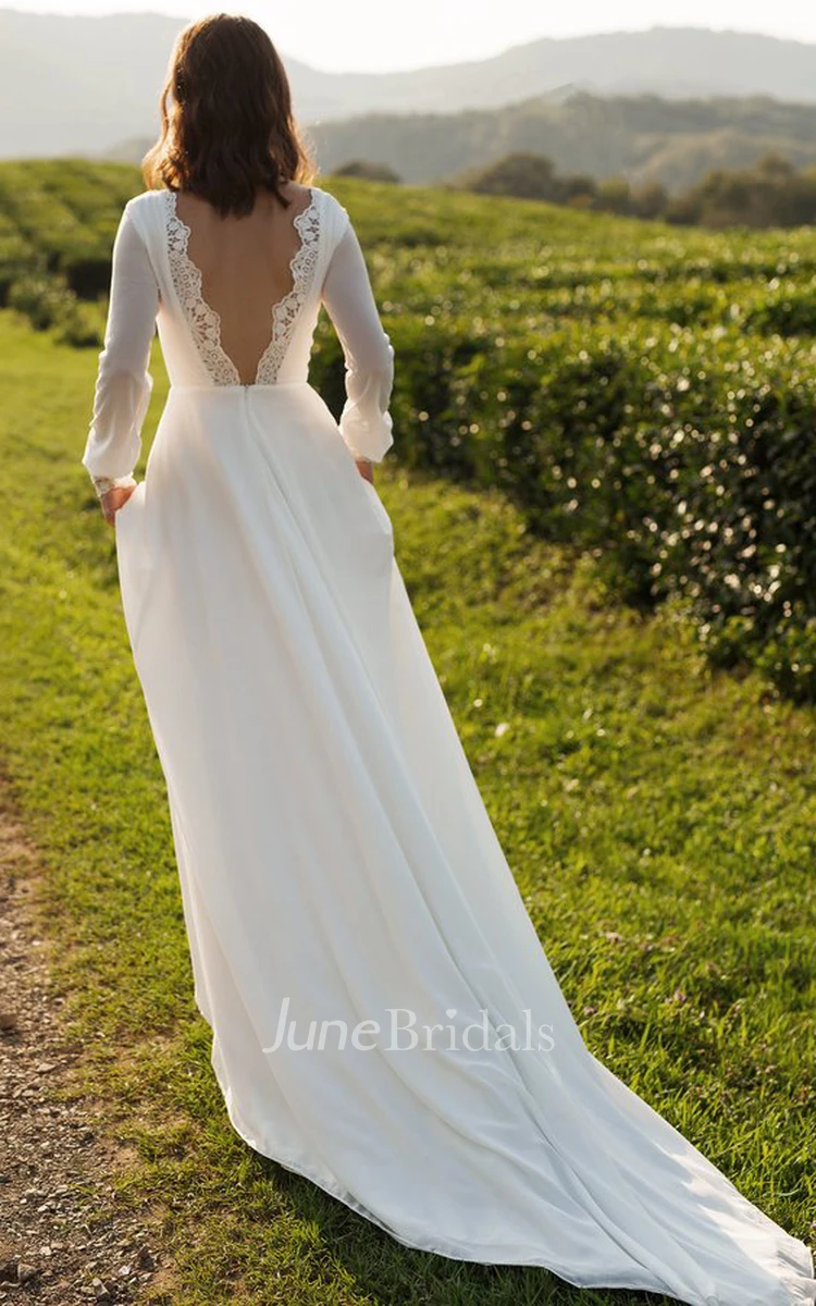 Modest Long Sleeve Casual Wedding Dress Simple A Line Chiffon