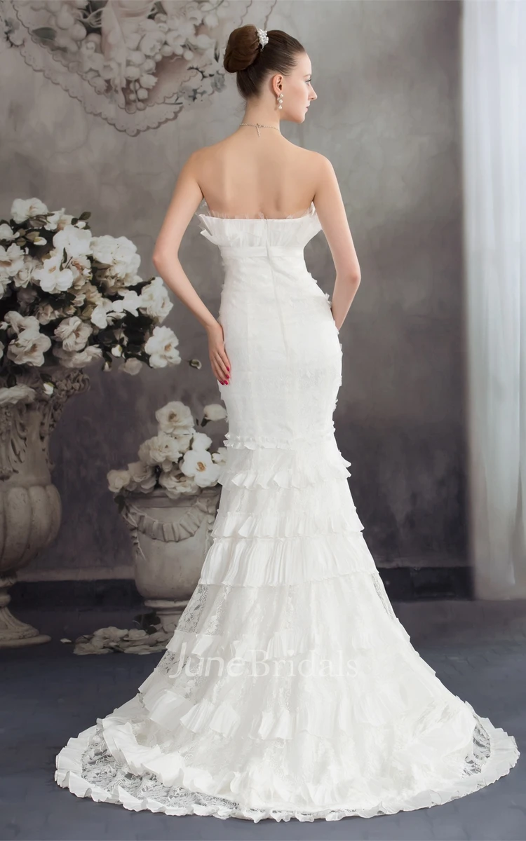 Strapless Ruched Appliqued Dress with Trumpet Silhouette
