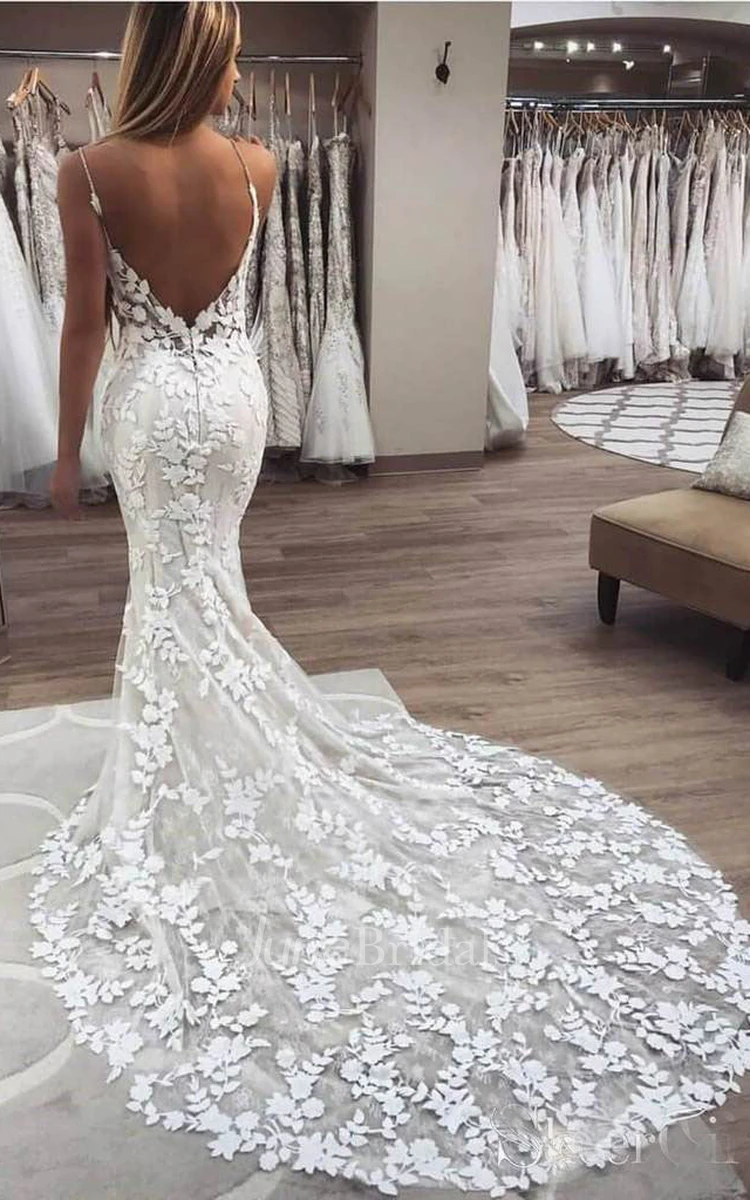 Summer Beach Floral Boho Lace Mermaid Wedding Dress Sexy Enchanting Spaghetti Straps Backless Bridal Gown with Chapel Train