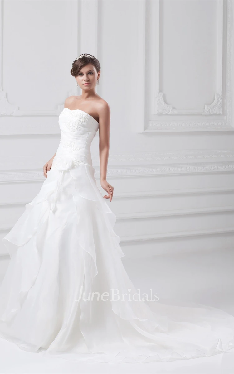 Strapless Draped A-Line Gown with Appliques