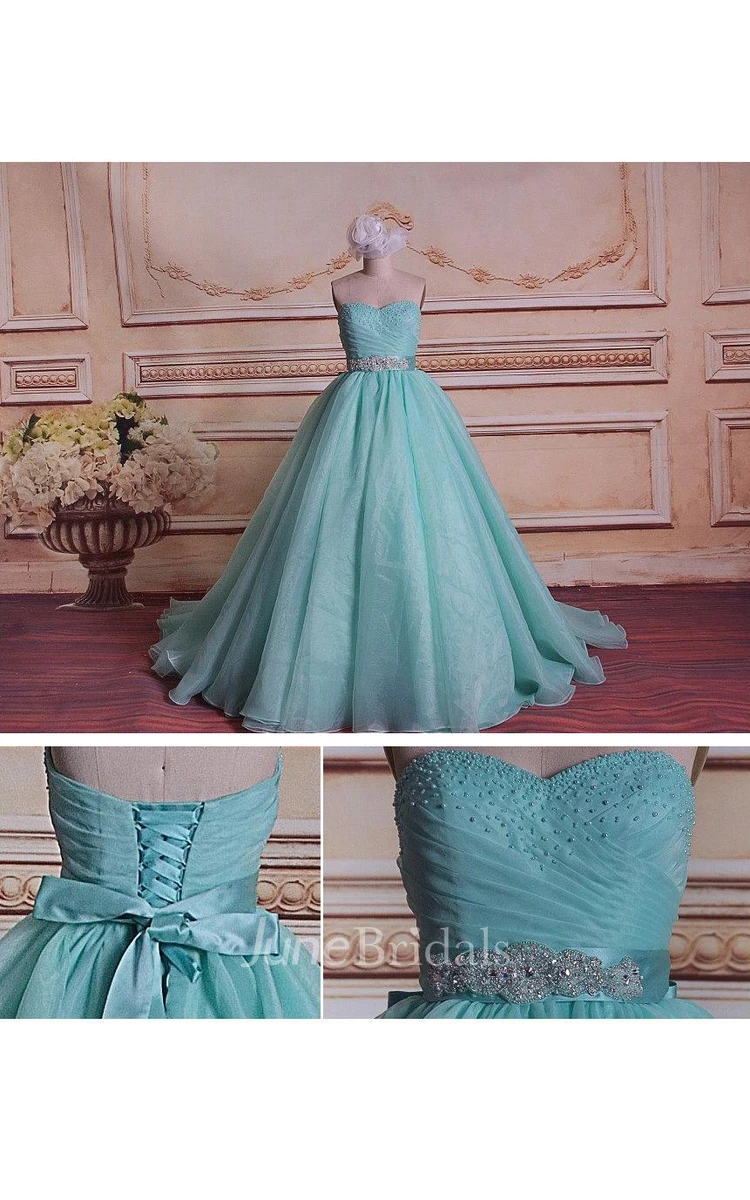 Ball Gown Strapped Sweetheart Lace Organza Satin Dress With Beading Corset Back