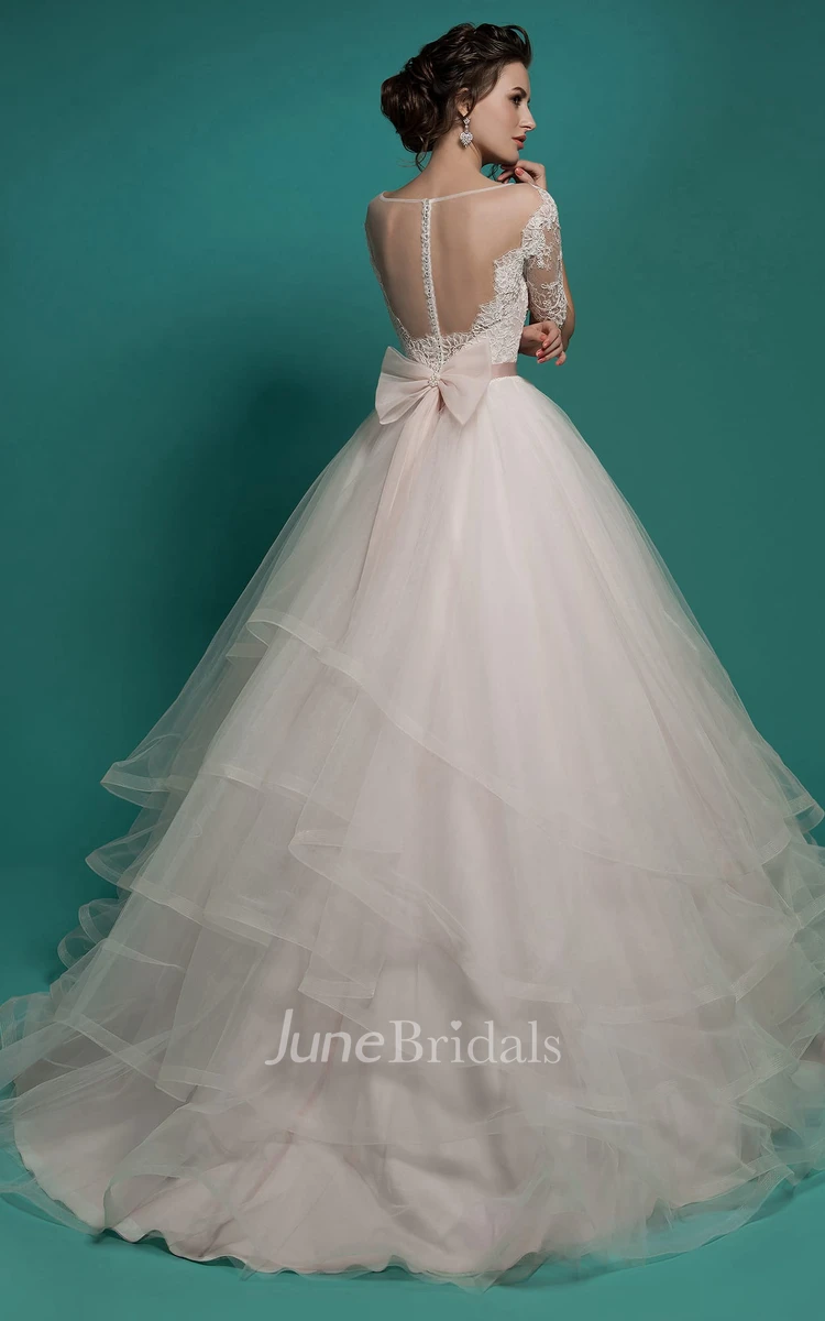 Ball Gown Long Scoop-Neck Illusion-Sleeve Illusion Tulle Dress With Tiers And Lace Appliques