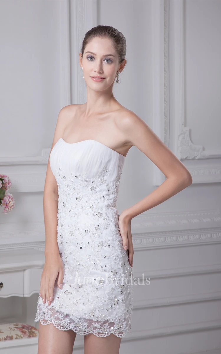 Strapless Ruched Body-Fitting Dress with Beading and Appliques