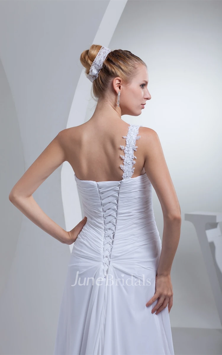 One-Shoulder Ruched Maxi Dress with Appliques and Brush Train