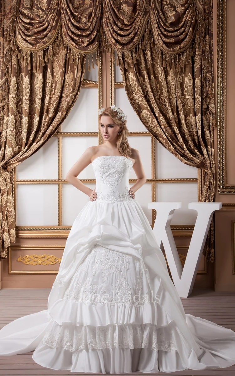 Strapless Pick-Up Lace Ball Gown with Beading and Tiers