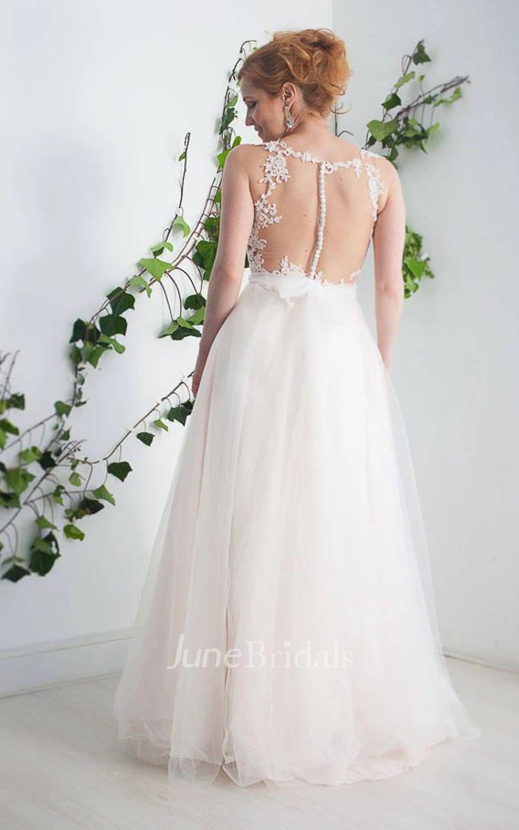 Sleeveless Illusion Central Ruched A-Line Wedding Dress With Appliques