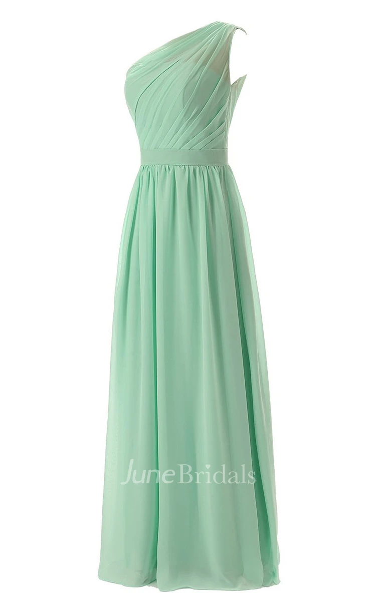 One-shoulder Pleated Chiffon A-line Gown With Satin Band