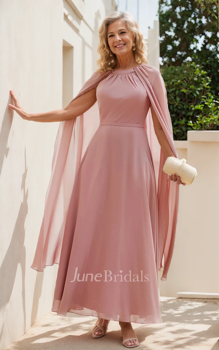 A-Line Jewel Neck Chiffon Elegant Ankle-length Sleeveless Zipper Back with Cape Guest Evening Cocktail Dress