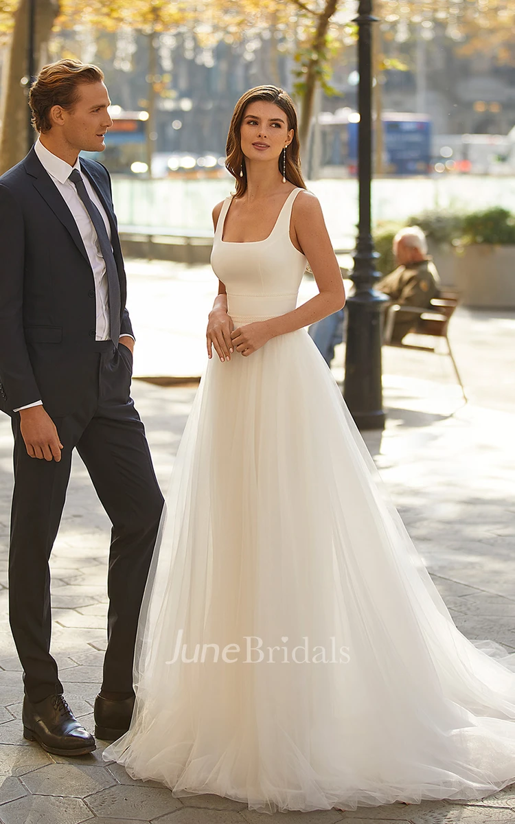 Simple Modest A Line Wedding Dress Minimalist Casual Scoop Tulle Bridal Gown with Open Back and Sweep Train June Bridals