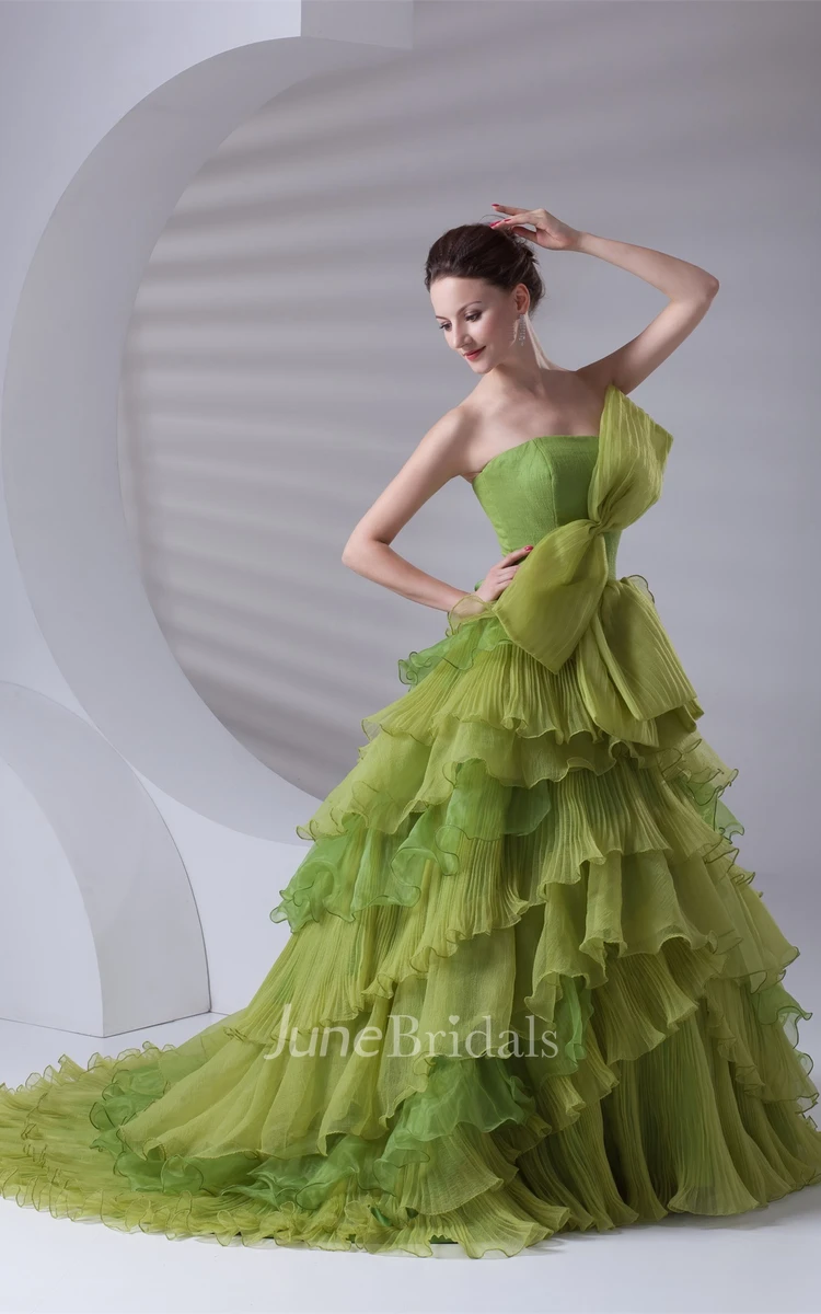 Strapless Tiered A-Line Ball Gown with Ruffles and Bow