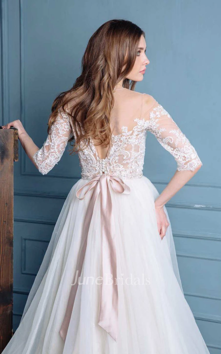 Illusion Bateau Long Sleeve Tulle A-Line Wedding Dress With Ribbon And Beaded Waist