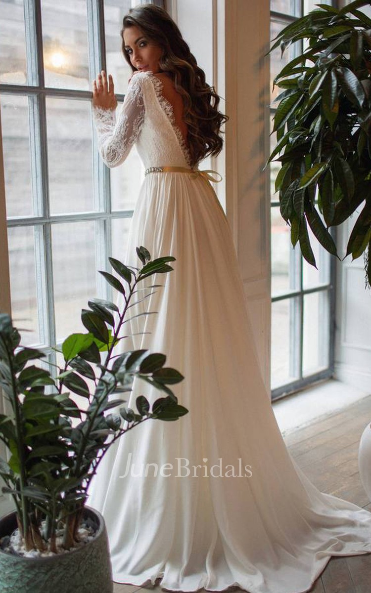 Modest Long Sleeve Western Boho Lace Wedding Dress Elegant A-Line Taffeta  Bateau Deep V-Back Bridal Gown - June Bridals