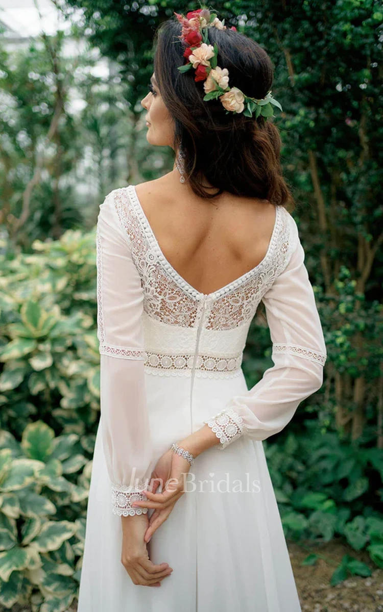 A-Line Casual V-neck Chiffon Garden Wedding Dress with Low-V Back Illusion Lace Long Sleeve