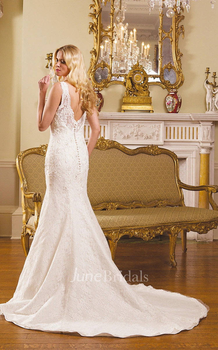 Lace V-Neck Spring Wedding Dress with Court Train and V Back Elegant Bridal Gown