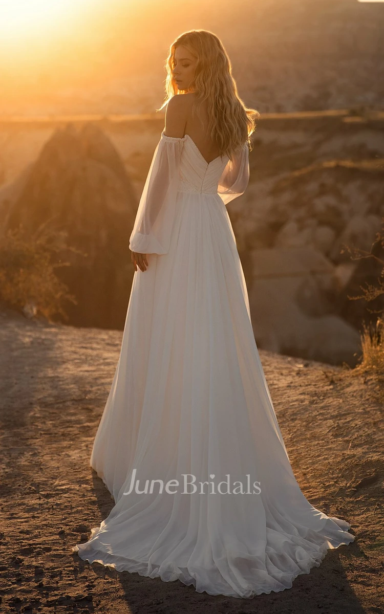 Elegant A-Line Off-the-shoulder Sweetheart Neckline Wedding Dress with Illusion Long Sleeve