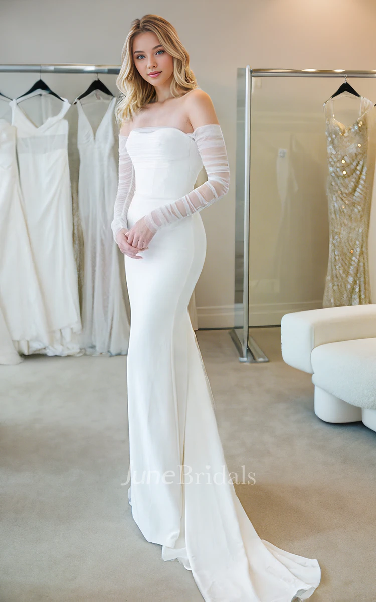 Simple Sexy Mermaid Off-the-shoulder Strapless Satin Wedding Dress Elegant Solid Beach Floor-length Bridal Gown with Button Open Back Court Train