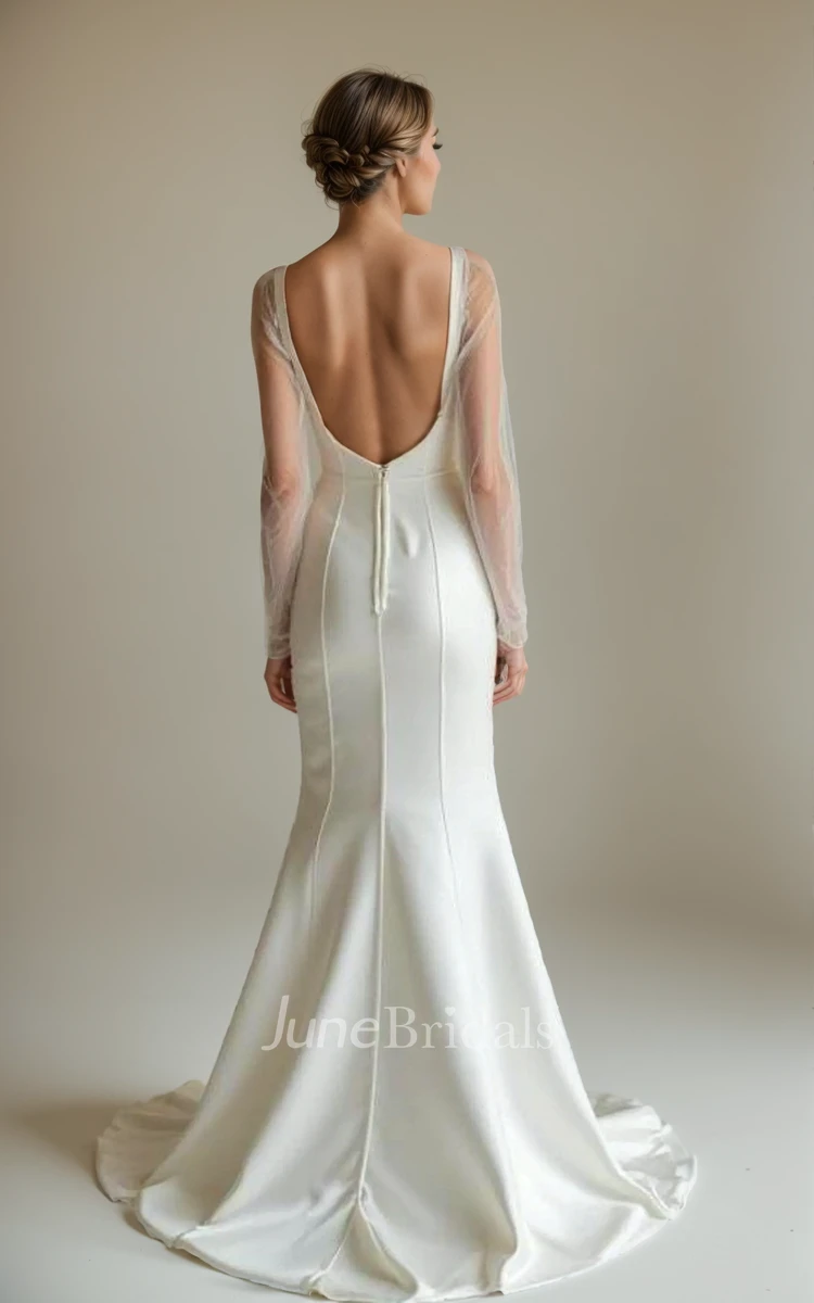 Modern Minimalist Mermaid Satin Long Sleeve Wedding Dress Square Neck Open Back Bridal Gown