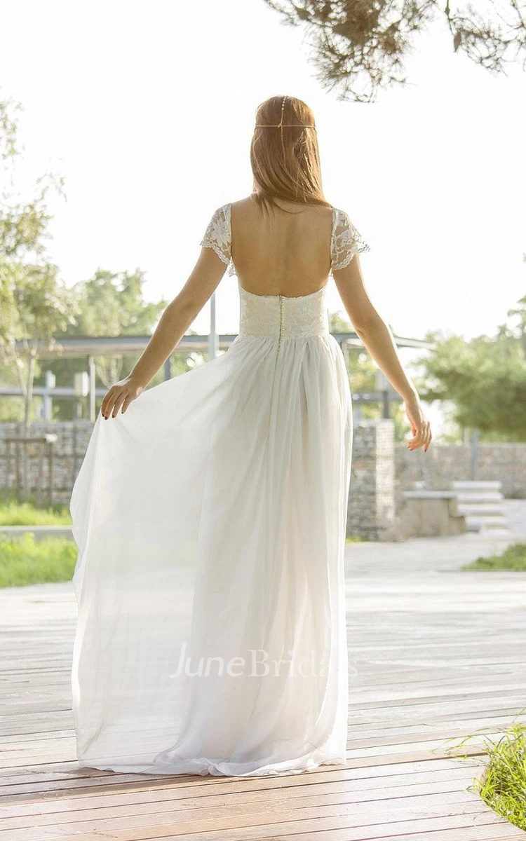 Scoop Cap Backless Long Chiffon Wedding Dress With Flower And Lace
