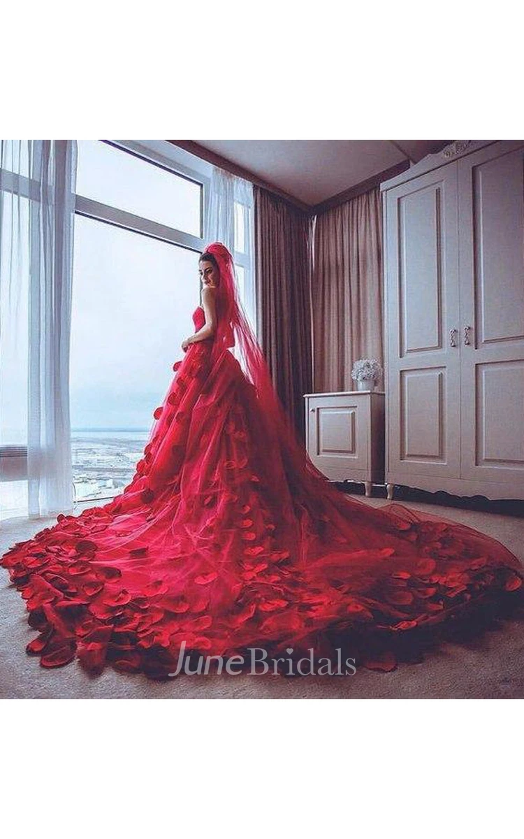 Newest Red Tulle Princess Wedding Dress Flowers Court Train