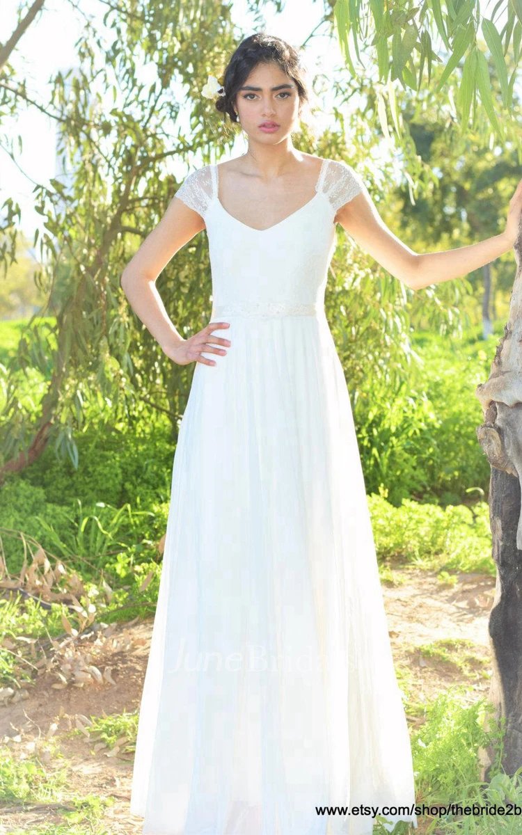 V-Neck Cap Sleeve Long A-Line Chiffon Wedding Dress With Beading