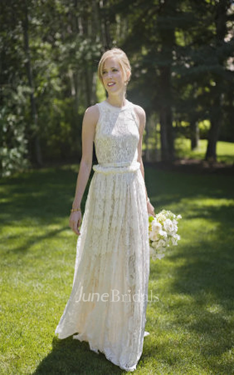 Fairy Sleeveless Jewel Neck Pleated A-line Long Lace Dress