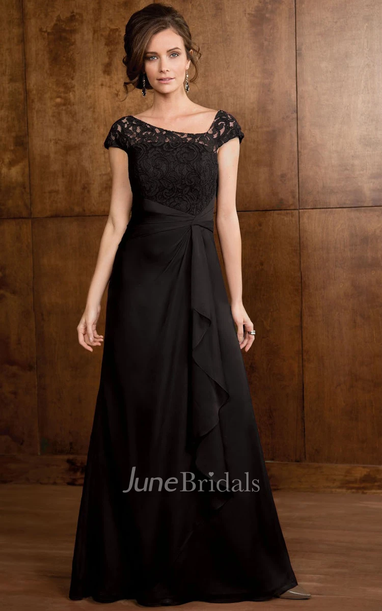 Elegant Formal Ruffled A-Line Gown with Lace Bodice Cap-Sleeve MOB Dress