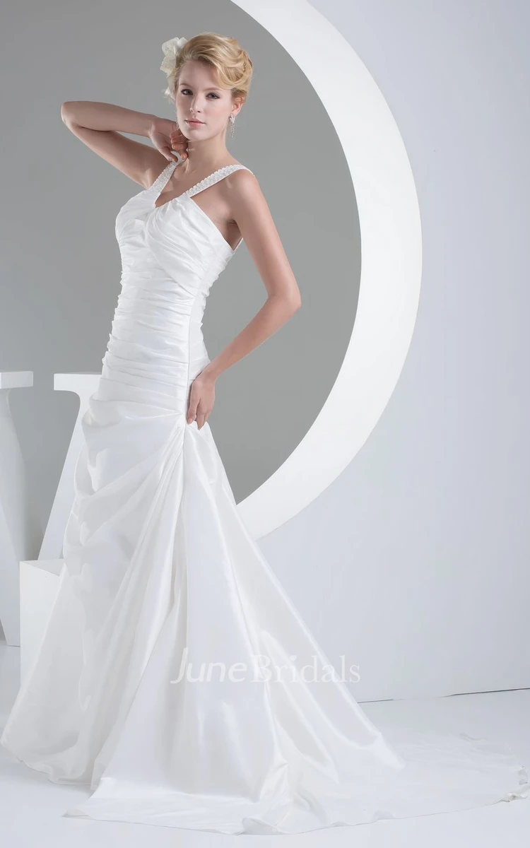 Sleeveless Notched Ruched A-Line Dress With Pick Up and Beaded Straps